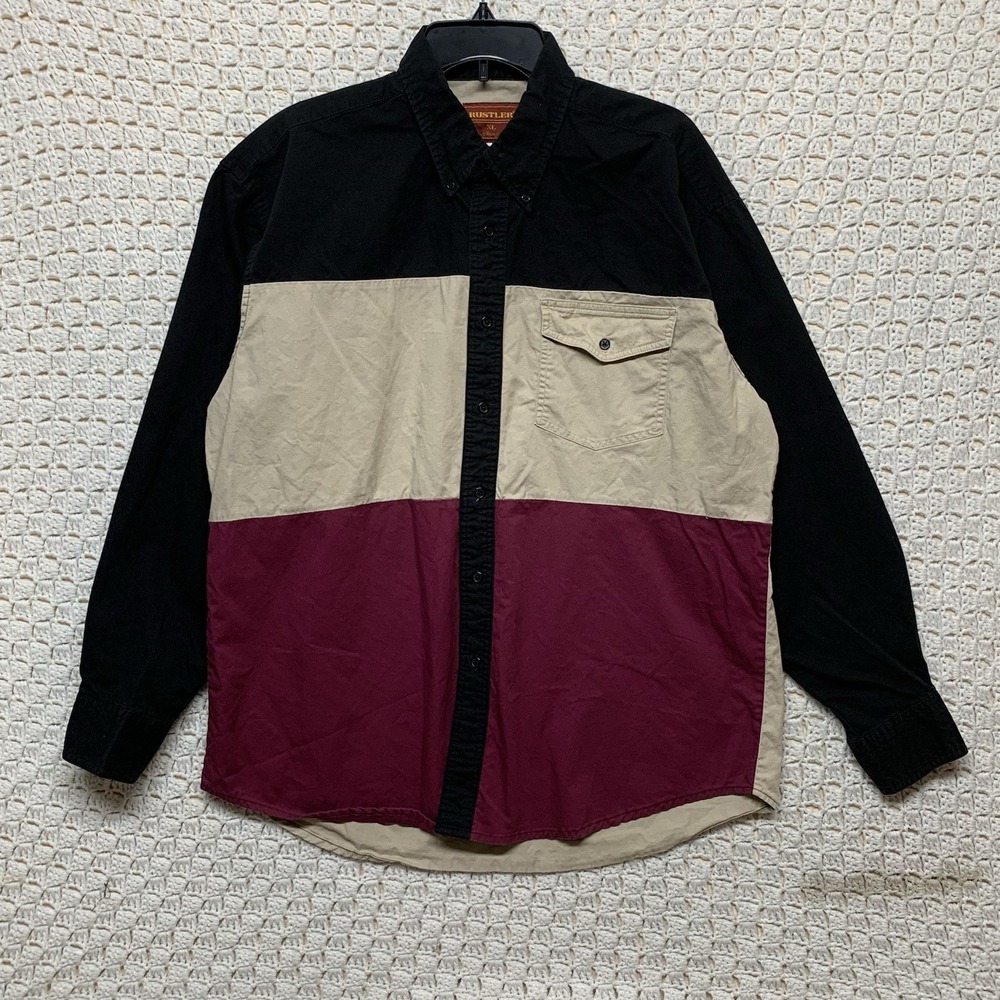Vintage Rustler Color Block‎ Button Shirt XL Black Burgundy Beige Cowboy Western